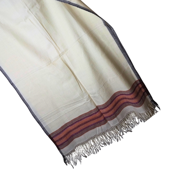 Bhuttico Accessories - Bhuttico Hand Loom Wool Cream and Purple Orange Fringed Scarf